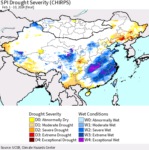 China, Mongolia and Taiwan SPI Drought Severity (CHIRPS) Thematic Map For 2/1/2024 - 2/10/2024
