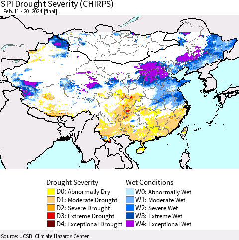 China, Mongolia and Taiwan SPI Drought Severity (CHIRPS) Thematic Map For 2/11/2024 - 2/20/2024