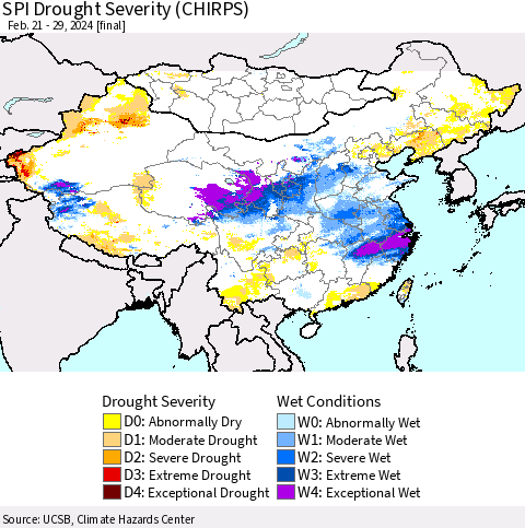 China, Mongolia and Taiwan SPI Drought Severity (CHIRPS) Thematic Map For 2/21/2024 - 2/29/2024