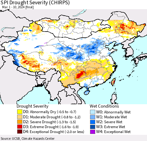China, Mongolia and Taiwan SPI Drought Severity (CHIRPS) Thematic Map For 3/1/2024 - 3/10/2024