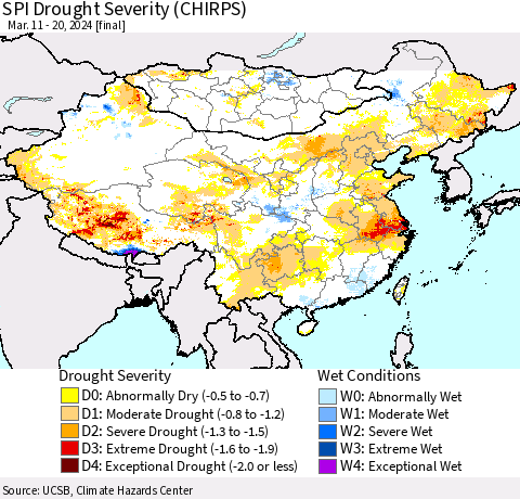 China, Mongolia and Taiwan SPI Drought Severity (CHIRPS) Thematic Map For 3/11/2024 - 3/20/2024