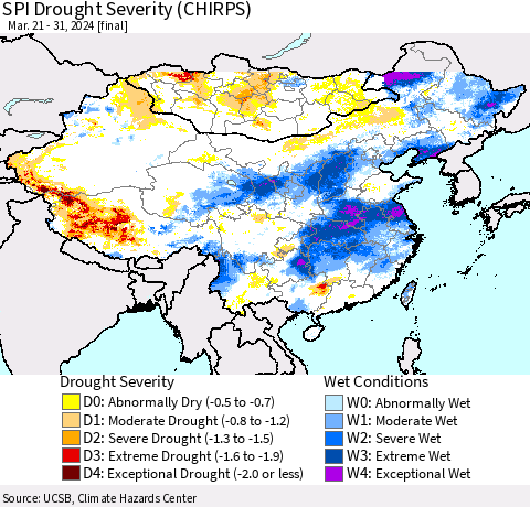 China, Mongolia and Taiwan SPI Drought Severity (CHIRPS) Thematic Map For 3/21/2024 - 3/31/2024