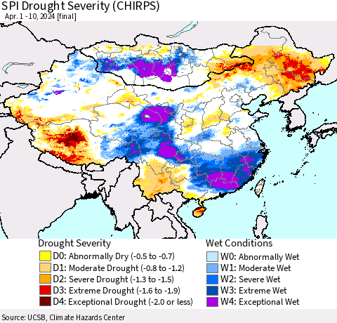 China, Mongolia and Taiwan SPI Drought Severity (CHIRPS) Thematic Map For 4/1/2024 - 4/10/2024