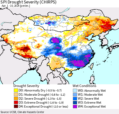 China, Mongolia and Taiwan SPI Drought Severity (CHIRPS) Thematic Map For 4/1/2024 - 4/10/2024