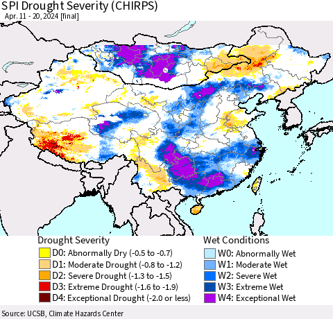 China, Mongolia and Taiwan SPI Drought Severity (CHIRPS) Thematic Map For 4/11/2024 - 4/20/2024