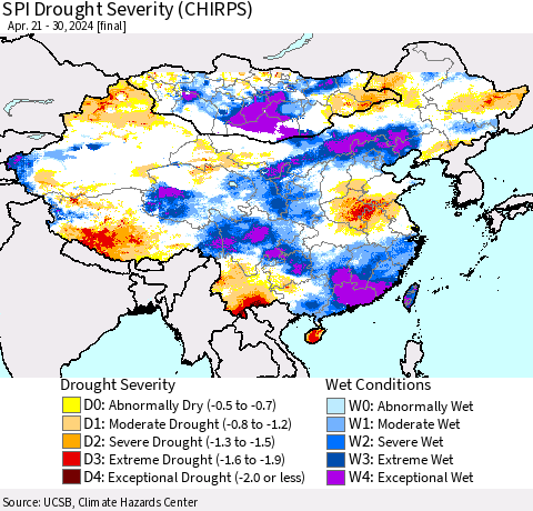 China, Mongolia and Taiwan SPI Drought Severity (CHIRPS) Thematic Map For 4/21/2024 - 4/30/2024
