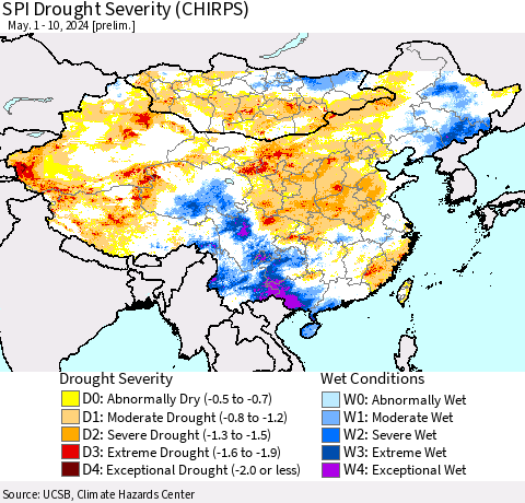 China, Mongolia and Taiwan SPI Drought Severity (CHIRPS) Thematic Map For 5/1/2024 - 5/10/2024