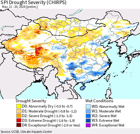 China, Mongolia and Taiwan SPI Drought Severity (CHIRPS) Thematic Map For 5/11/2024 - 5/20/2024