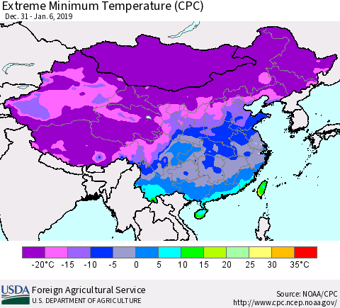China, Mongolia and Taiwan Minimum Daily Temperature (CPC) Thematic Map For 12/31/2018 - 1/6/2019