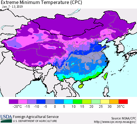 China, Mongolia and Taiwan Minimum Daily Temperature (CPC) Thematic Map For 1/7/2019 - 1/13/2019