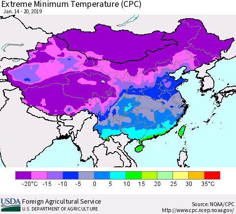 China, Mongolia and Taiwan Minimum Daily Temperature (CPC) Thematic Map For 1/14/2019 - 1/20/2019