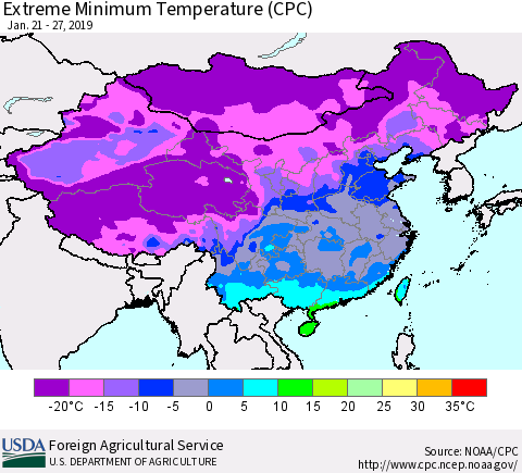 China, Mongolia and Taiwan Minimum Daily Temperature (CPC) Thematic Map For 1/21/2019 - 1/27/2019