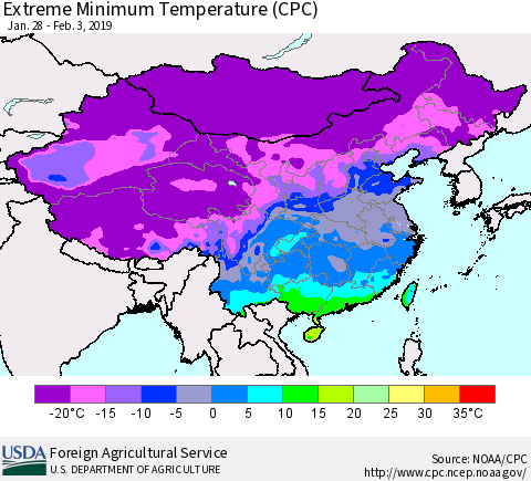 China, Mongolia and Taiwan Minimum Daily Temperature (CPC) Thematic Map For 1/28/2019 - 2/3/2019