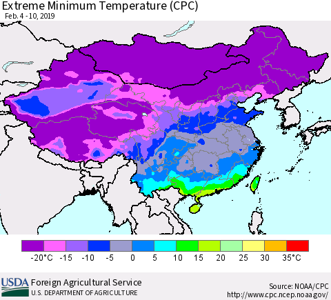 China, Mongolia and Taiwan Minimum Daily Temperature (CPC) Thematic Map For 2/4/2019 - 2/10/2019