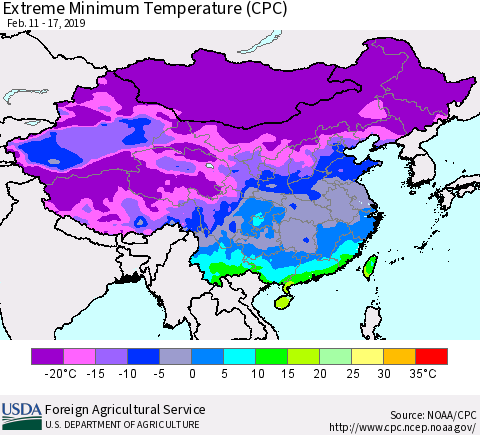 China, Mongolia and Taiwan Minimum Daily Temperature (CPC) Thematic Map For 2/11/2019 - 2/17/2019