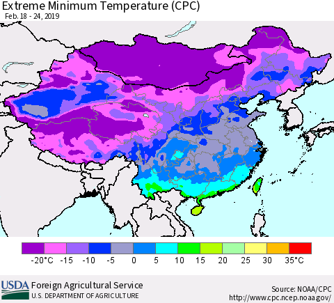 China, Mongolia and Taiwan Minimum Daily Temperature (CPC) Thematic Map For 2/18/2019 - 2/24/2019
