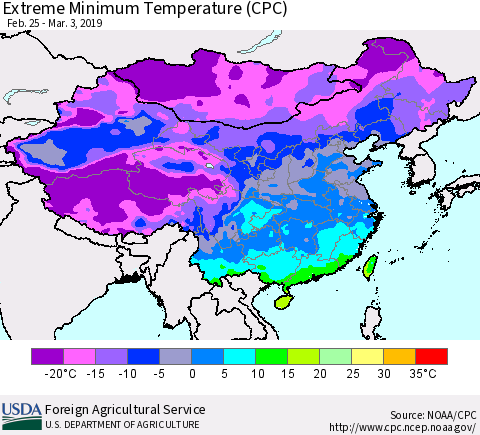 China, Mongolia and Taiwan Minimum Daily Temperature (CPC) Thematic Map For 2/25/2019 - 3/3/2019
