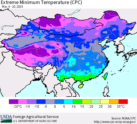 China, Mongolia and Taiwan Minimum Daily Temperature (CPC) Thematic Map For 3/4/2019 - 3/10/2019