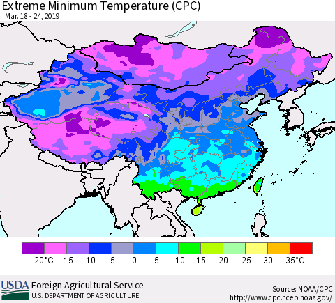 China, Mongolia and Taiwan Minimum Daily Temperature (CPC) Thematic Map For 3/18/2019 - 3/24/2019