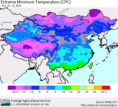 China, Mongolia and Taiwan Minimum Daily Temperature (CPC) Thematic Map For 3/25/2019 - 3/31/2019