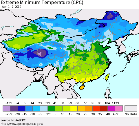 China and Taiwan Extreme Minimum Temperature (CPC) Thematic Map For 4/1/2019 - 4/7/2019