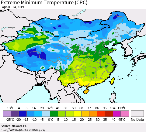 China, Mongolia and Taiwan Minimum Daily Temperature (CPC) Thematic Map For 4/8/2019 - 4/14/2019