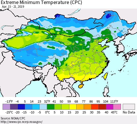 China and Taiwan Extreme Minimum Temperature (CPC) Thematic Map For 4/15/2019 - 4/21/2019