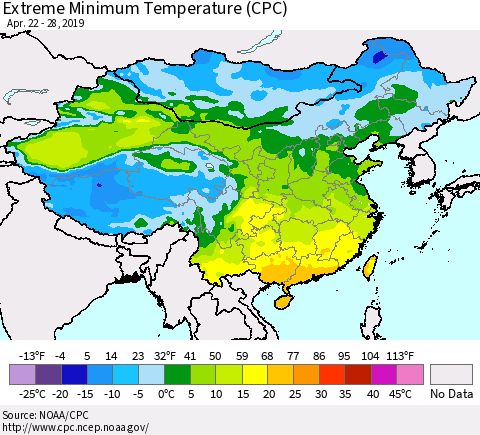 China, Mongolia and Taiwan Minimum Daily Temperature (CPC) Thematic Map For 4/22/2019 - 4/28/2019