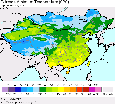 China and Taiwan Extreme Minimum Temperature (CPC) Thematic Map For 4/29/2019 - 5/5/2019