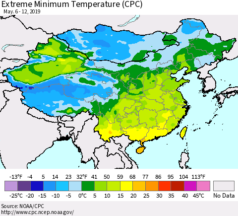 China and Taiwan Extreme Minimum Temperature (CPC) Thematic Map For 5/6/2019 - 5/12/2019