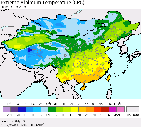 China and Taiwan Extreme Minimum Temperature (CPC) Thematic Map For 5/13/2019 - 5/19/2019