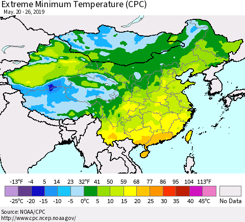 China and Taiwan Extreme Minimum Temperature (CPC) Thematic Map For 5/20/2019 - 5/26/2019
