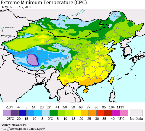 China and Taiwan Extreme Minimum Temperature (CPC) Thematic Map For 5/27/2019 - 6/2/2019