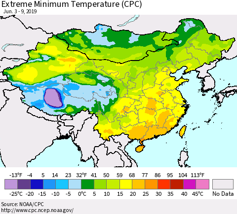 China, Mongolia and Taiwan Minimum Daily Temperature (CPC) Thematic Map For 6/3/2019 - 6/9/2019