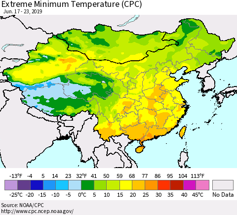 China, Mongolia and Taiwan Minimum Daily Temperature (CPC) Thematic Map For 6/17/2019 - 6/23/2019