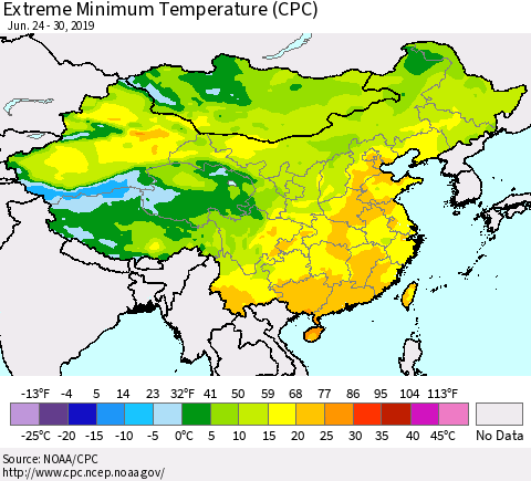 China, Mongolia and Taiwan Minimum Daily Temperature (CPC) Thematic Map For 6/24/2019 - 6/30/2019