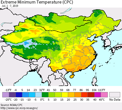China, Mongolia and Taiwan Minimum Daily Temperature (CPC) Thematic Map For 7/1/2019 - 7/7/2019