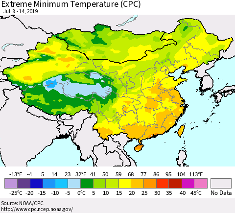 China, Mongolia and Taiwan Minimum Daily Temperature (CPC) Thematic Map For 7/8/2019 - 7/14/2019