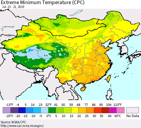 China, Mongolia and Taiwan Minimum Daily Temperature (CPC) Thematic Map For 7/15/2019 - 7/21/2019