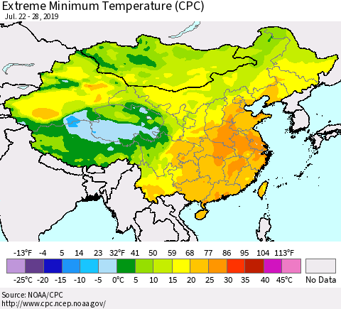 China, Mongolia and Taiwan Minimum Daily Temperature (CPC) Thematic Map For 7/22/2019 - 7/28/2019