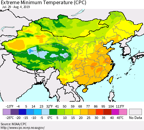 China and Taiwan Extreme Minimum Temperature (CPC) Thematic Map For 7/29/2019 - 8/4/2019