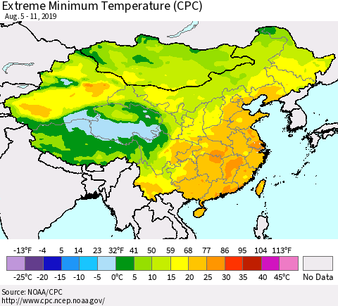 China, Mongolia and Taiwan Minimum Daily Temperature (CPC) Thematic Map For 8/5/2019 - 8/11/2019