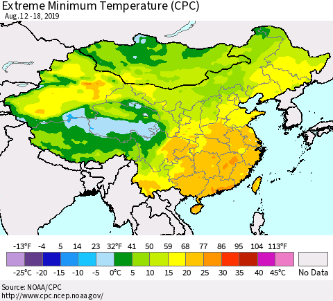 China and Taiwan Extreme Minimum Temperature (CPC) Thematic Map For 8/12/2019 - 8/18/2019
