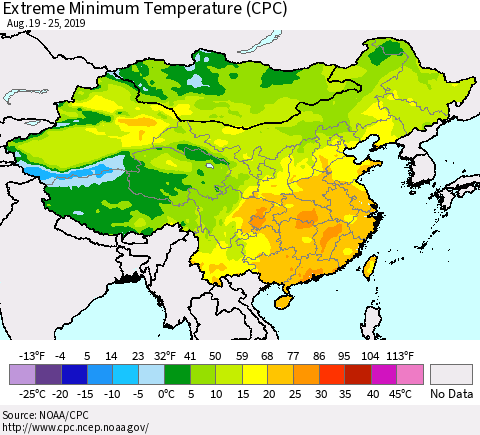 China and Taiwan Extreme Minimum Temperature (CPC) Thematic Map For 8/19/2019 - 8/25/2019