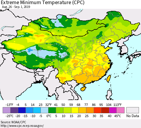 China, Mongolia and Taiwan Minimum Daily Temperature (CPC) Thematic Map For 8/26/2019 - 9/1/2019