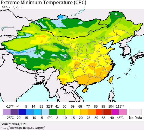 China, Mongolia and Taiwan Minimum Daily Temperature (CPC) Thematic Map For 9/2/2019 - 9/8/2019
