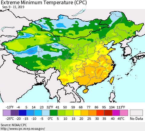 China and Taiwan Extreme Minimum Temperature (CPC) Thematic Map For 9/9/2019 - 9/15/2019