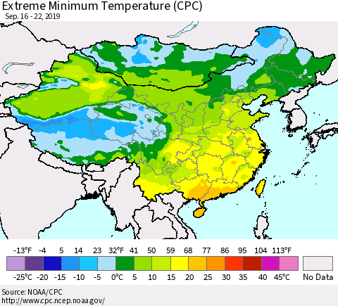 China and Taiwan Extreme Minimum Temperature (CPC) Thematic Map For 9/16/2019 - 9/22/2019