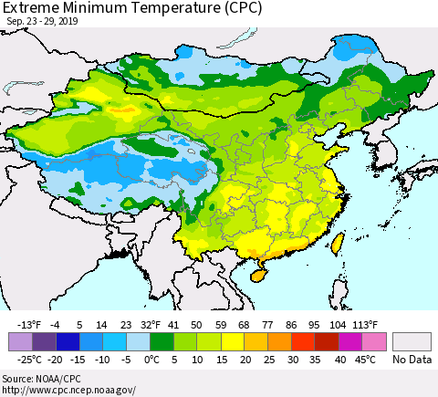 China and Taiwan Extreme Minimum Temperature (CPC) Thematic Map For 9/23/2019 - 9/29/2019