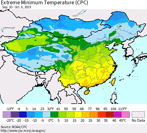 China and Taiwan Extreme Minimum Temperature (CPC) Thematic Map For 9/30/2019 - 10/6/2019